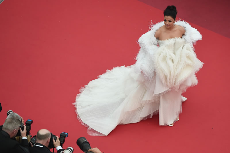 Wedding White Gowns at Cannes Inspire 2020 Brides: Just Add Diamonds 7 Aishwarya Rai Bachchan in a feathered cape and gown by Ashi Studio
