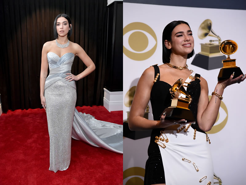 Dua Lipa Rocks Versace Safety Pin Jewelry at the Grammys | Shop This Trend Today 1 Left: Dua Lipa arrives at the 61st Annual Grammy Awards in Atelier Versace with diamonds by Bulgari. Right: The British pop star, in Atelier Versace with Safety Pins, took home Grammy awards for Best New Artist and Best Dance Recording. GettyImages