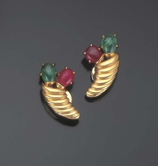 Early Belperron Ruby Emerald Gold Earrings christies
