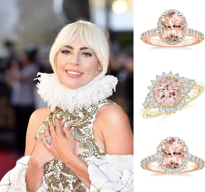 OBJ Weddings | 2019 Engagement Ring Trends: Obsessed with Color 3 Lady-Gaga-at the Premiere of A Star-is-Born. Morganite and Diamond Engagement Rings