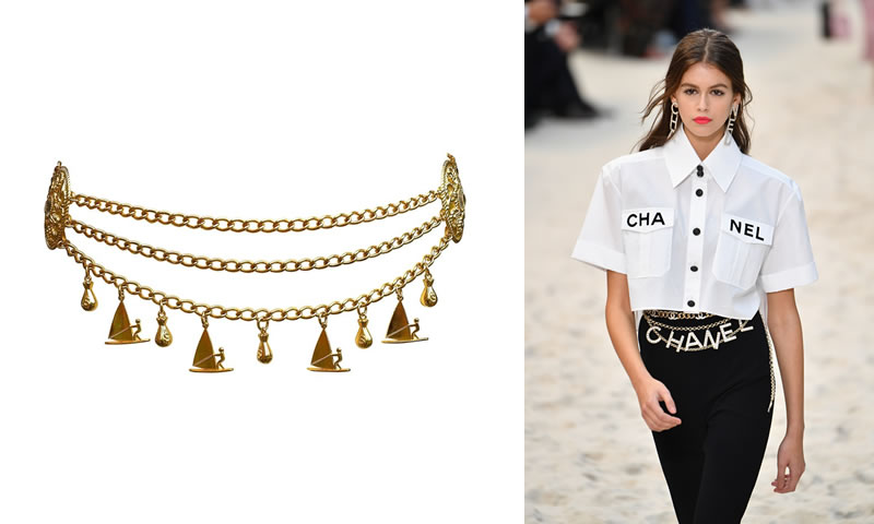 Gold Tone 3-Tiered Chain Belt with Charms, $119, on 1stdibs.com. Kaia Gerber at the Chanel Spring 2019 Show in Paris. GettyImages-1044450602