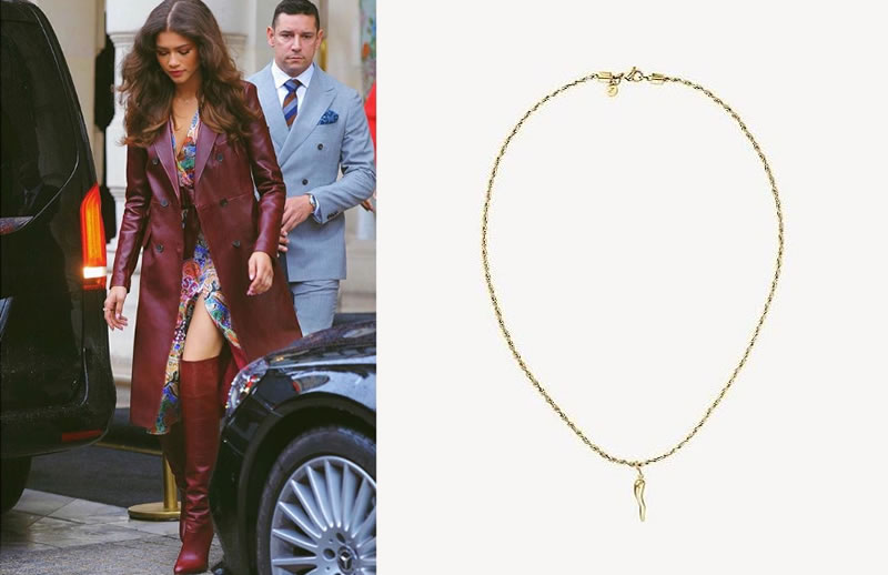 Zendaya in her Collection's $1300 Leather Coat and Matching Boots. Layer Zendaya's Delicate Horn Necklace with Her Zodiac Pendant. Photo at tommy.com
