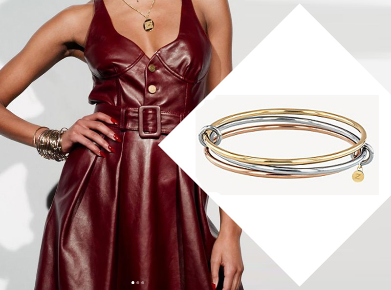 Zendaya Leather Dress worn with the White, Yellow and Rose Gold Plated Metal Bracelets Stacked