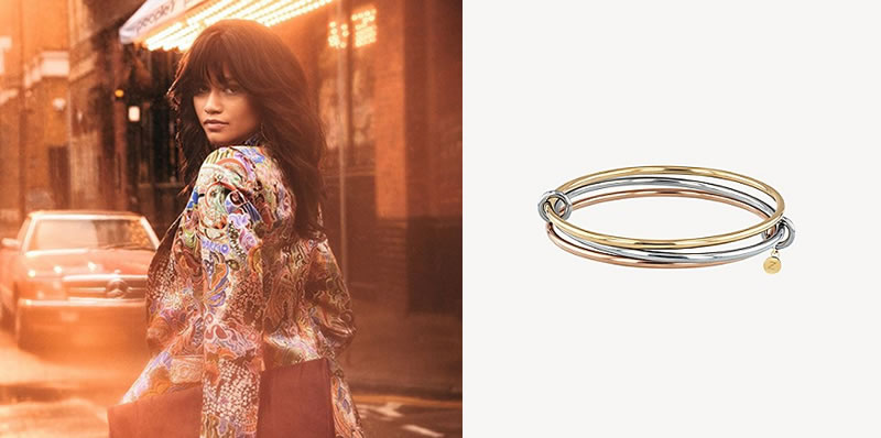 Role Model Zendaya redfines 70s power dressing @tommyhilfiger. The Zendaya Bracelet in Gold Yellow, White, and Rose Gold-Plated Metal.