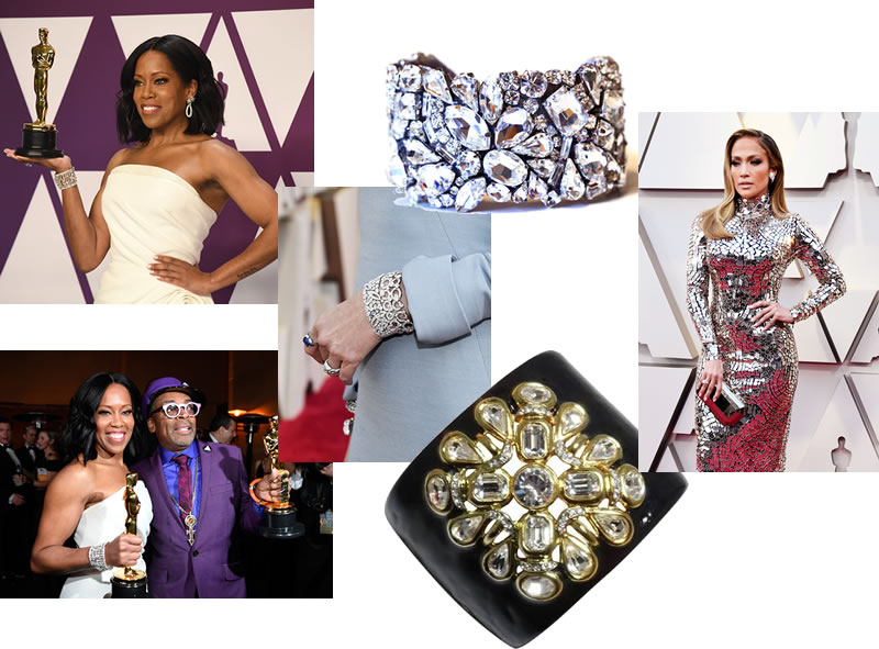 Regina King GettyImages. Old Hollywood Crystal Cuff, $240, on etsy.com. Diamond Cuffs were big at the 91st Academy Awards. GettyImages. Regina King and Spike Lee GettyImages. Black Enamel and Rhinestone Clamper, KJL, $310. Tom Ford's faceted gown for JLo was a jewel in itself. GettyImages
