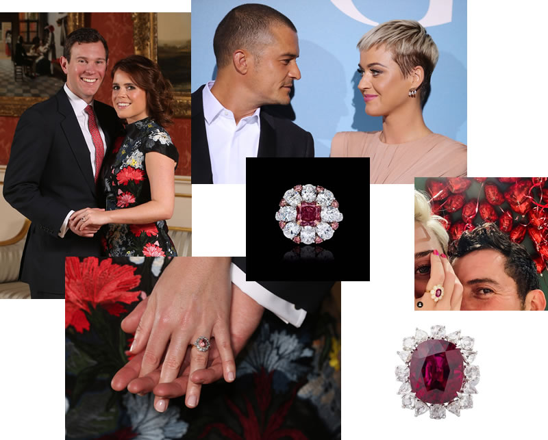 Clockwise:  Jack Brooksbank and Princess Eugenie of York. GettyImages. Orlando Bloom and Katy Perry. GettyImages. Katy Perry Engagement Ring @katyperry. Princess Eugenie's Engagement Ring. GettyImages.  Center:  Pink Diamond and White Diamond Ring. TheOneandOnlyOne.com.