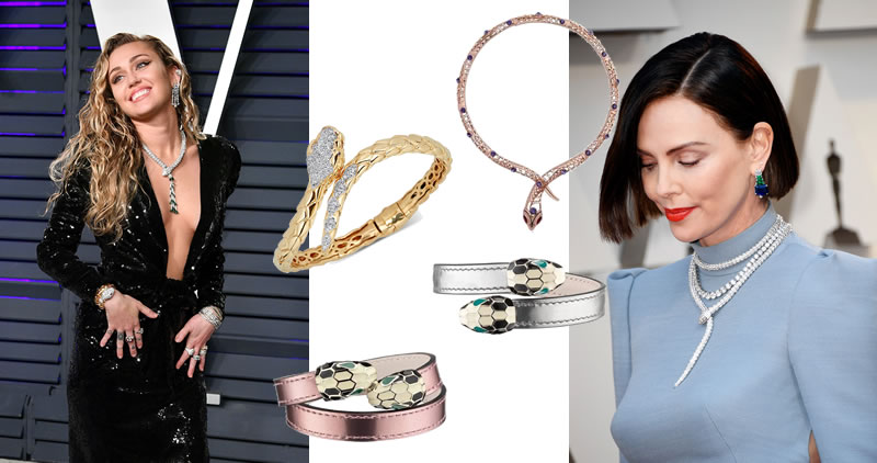 How to Find the Best 2019 Oscars Jewelry Looks on a Budget 2 Macy's Diamond Bypass Bangle Bracelet in 14K Gold-Plated Sterling Silver, $1,200. Olafo's Rose Gold Snake Necklace, $49.50. Bulgari Snake Head and Leacher Bracelets, $400. Charlize Theron in Bulgari Serpenti Jewelry GettyImages