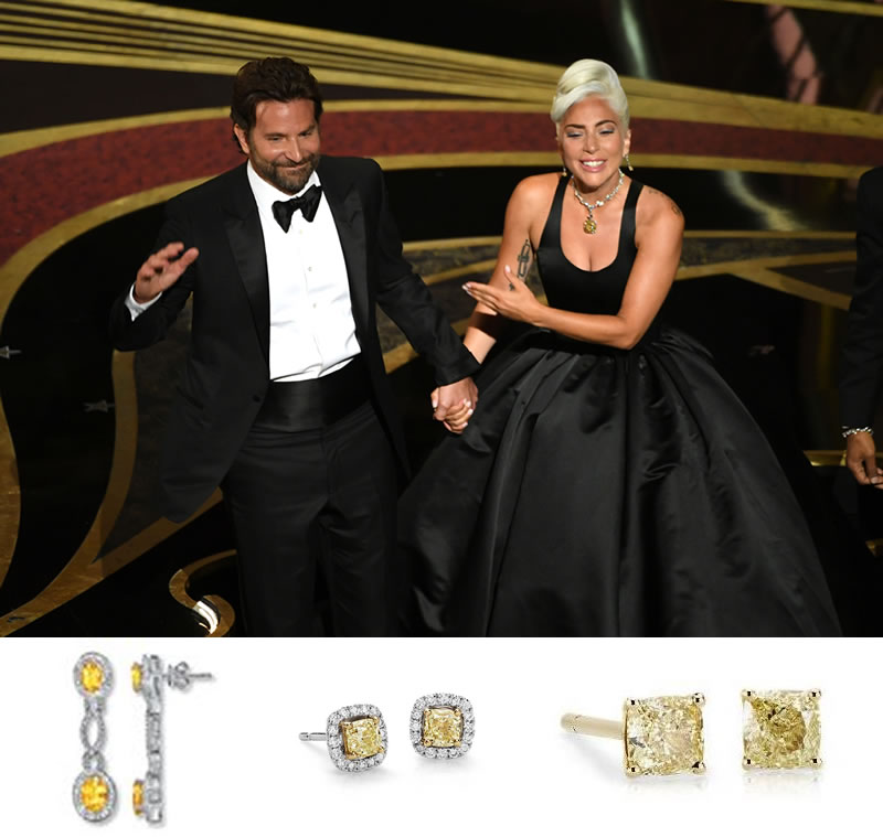 Bradley Cooper and Lade Gaga are Far from the shadow now. GettyImages. Get Gaga's Look for Less with these Affordable Citrine and Diamond Drop Earrings in Sterling Silver., $129, kay.com. Carat Yellow Diamond Halo Studs, $2,500 at bluenile.com. Blue Nile 0.50 Carat Yellow Diamond Studs $1,575