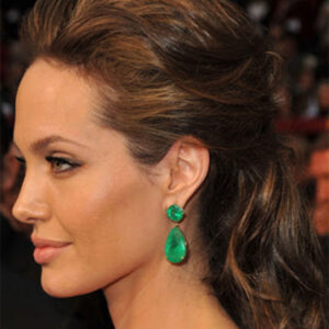 Angelina Jolie wearing Kenneth Jay Lane (KJL) faux emerald earrings