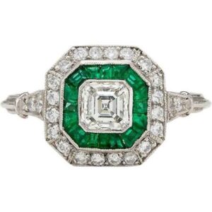 Art Deco Style Asscher Cut Diamond and Emerald Ring in Platinum on 1stDibs.com