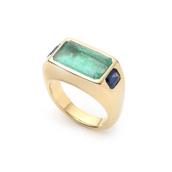 One of a kind ring with emerald and sapphires by Brent Neale