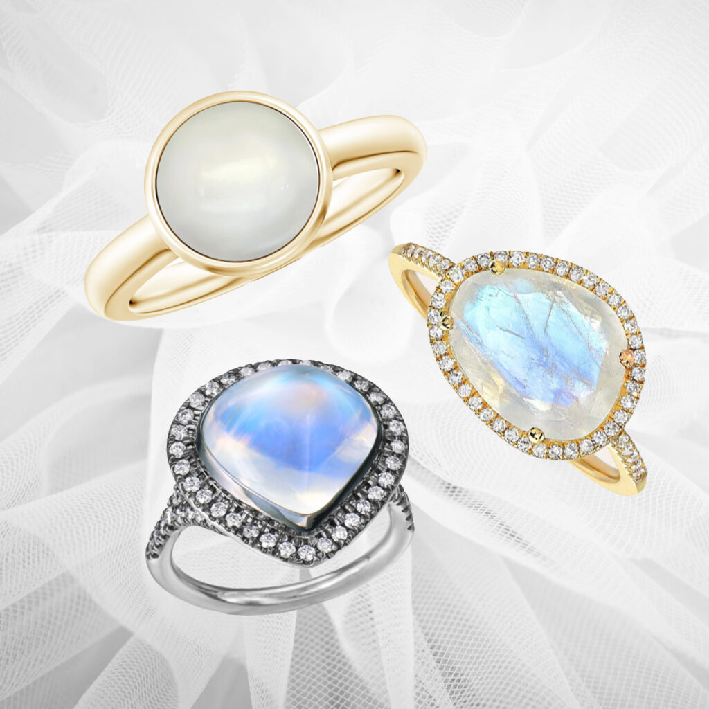 3 Stone Rainbow Moonstone and Diamond Ring - Abhika Jewels