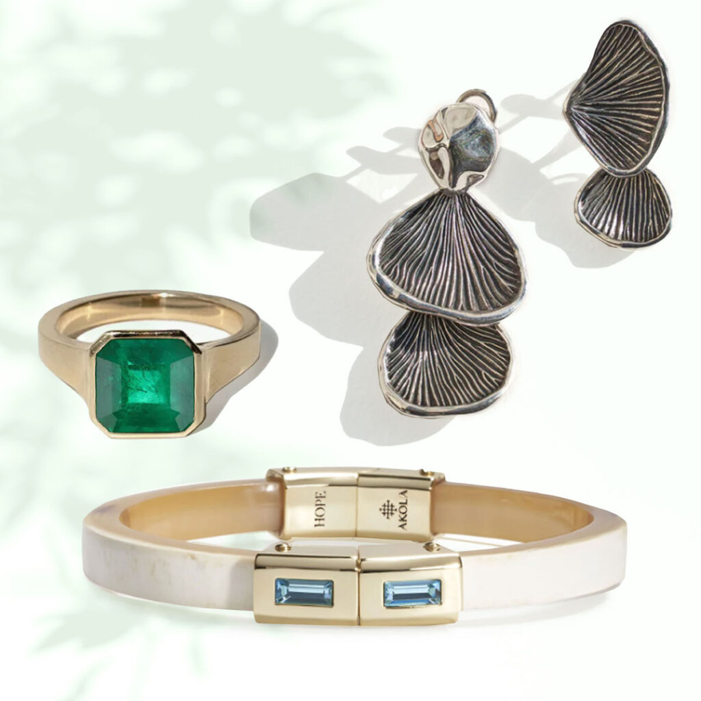 02 Katkim Asscher Emerald Cosma Ring Pamela Love Fruiting Body Earrings Akola Glow Unlock it Bracelet squashed